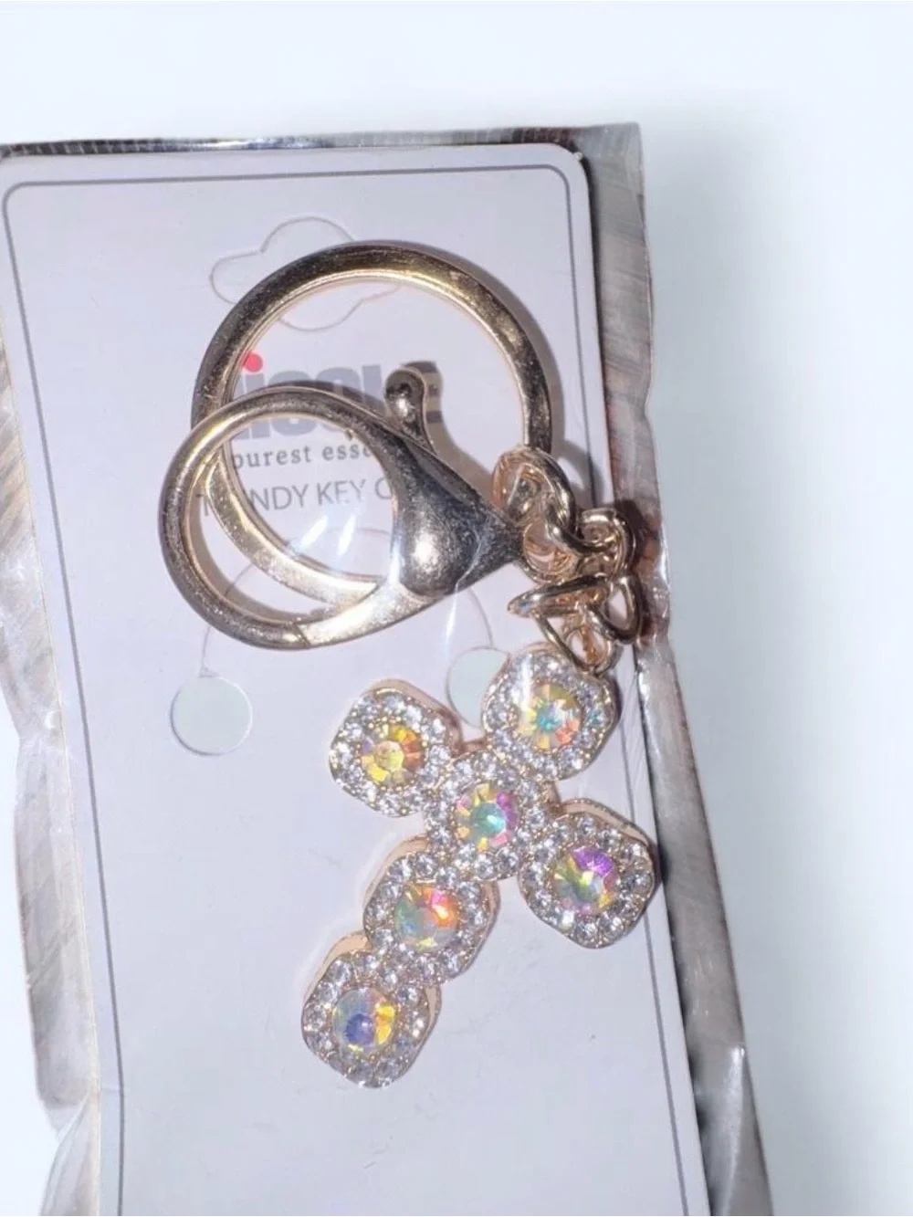Rhinestone Cross Keychain Charm in Gold